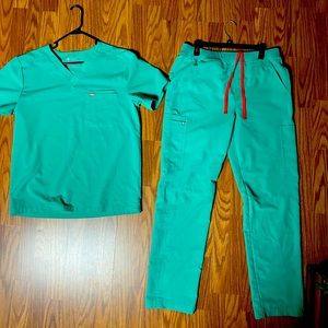 Barely worn surgical green Figs.  Top-Leon two-pocket scrub. Bottom-Axim cargo.